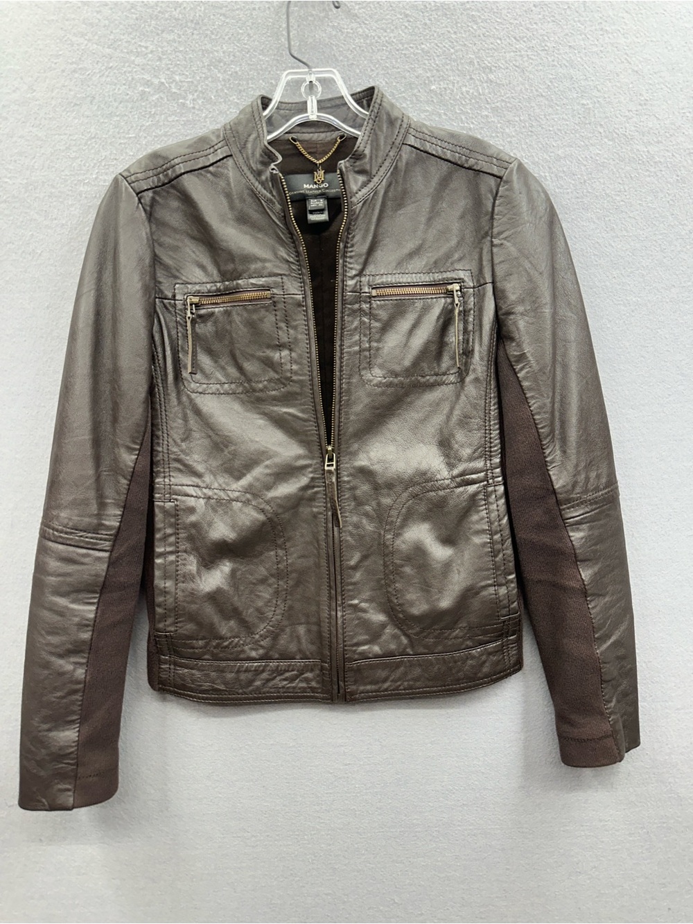 MNG Mango Genuine Leather Collection Women’s Jacket  Size XS Brown Pockets